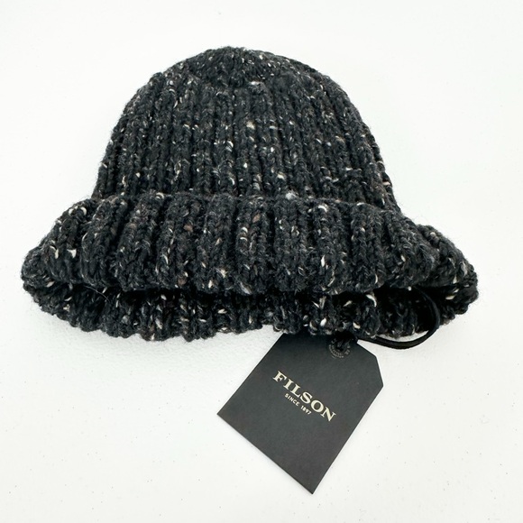 FILSON Wool Fisherman's Beanie Hat 100% New Wool One Size Black Fleck Cable Knit - Picture 1 of 5